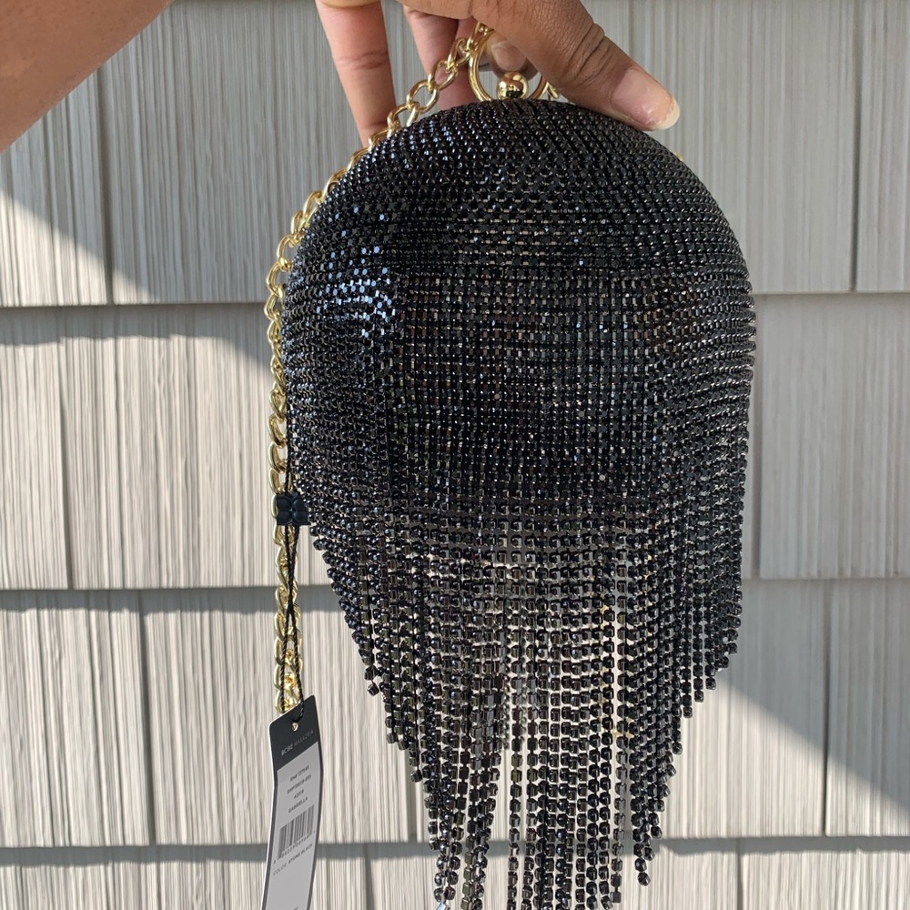 UNIQUE Black Rhinestone Fringe Ball Clutch Bag - Picture 8 of 13